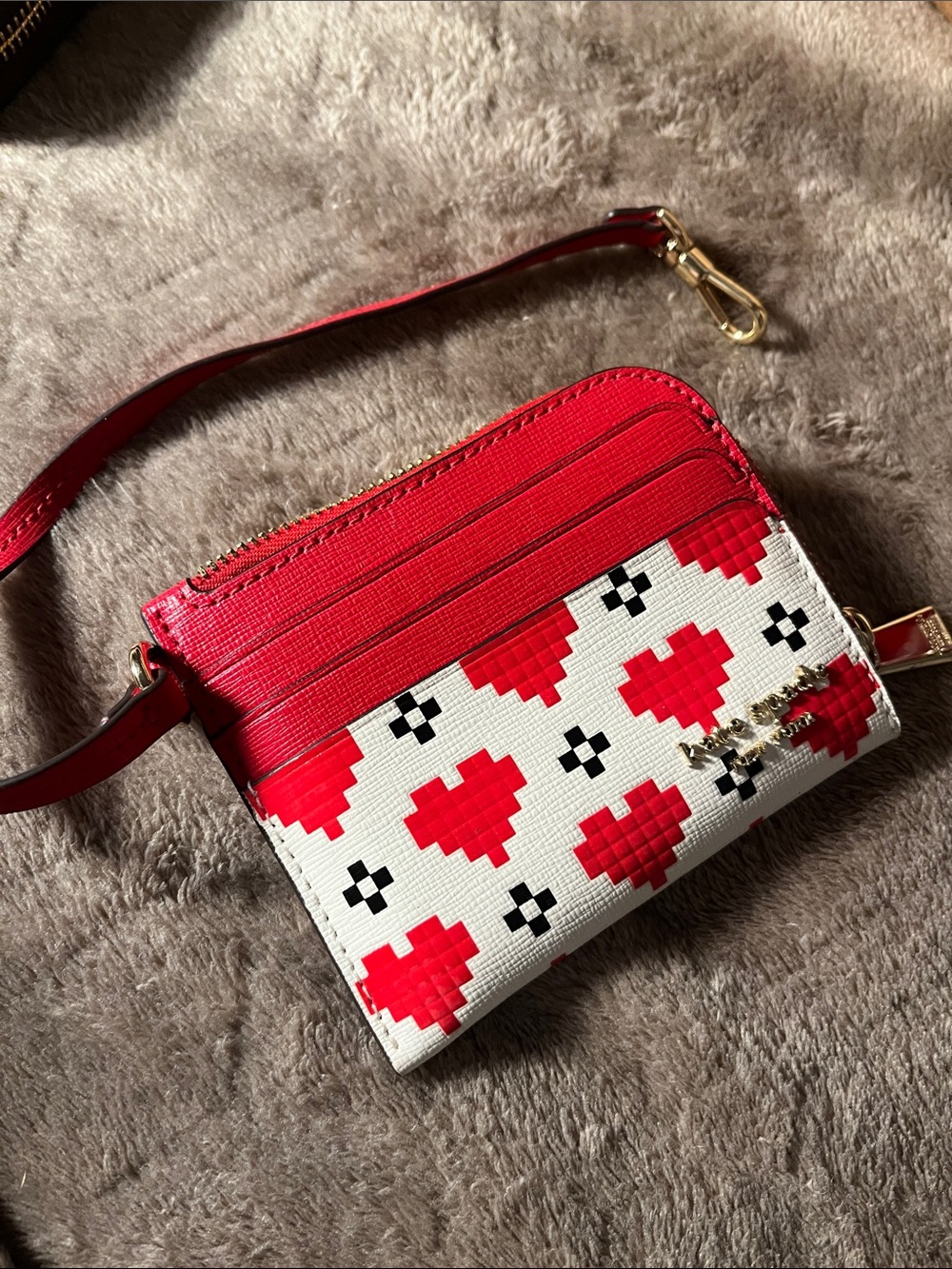 kate spade Red and White Pixel Heart Zip Cardholder Wristlet